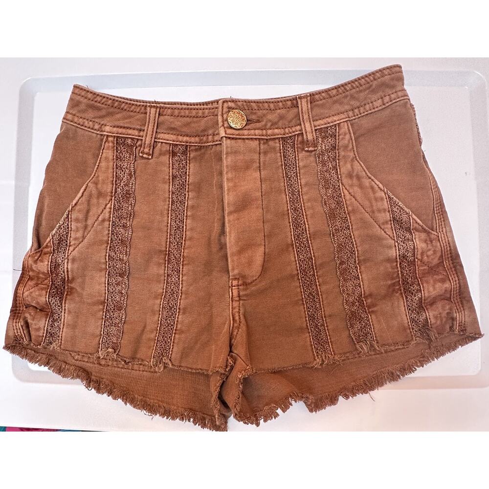 Free People womens denim Solar Flare Baja shorts Size 2 Orange Brown Lace